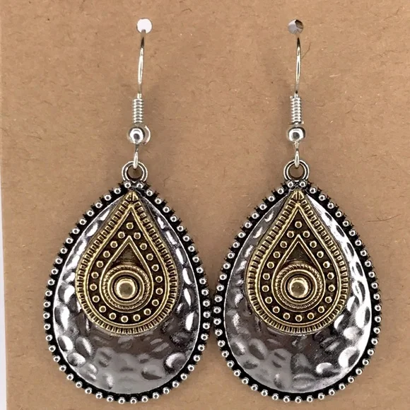 Elegant Silver and Gold Teardrop Earrings Vintage Boho Fashion Jewelry - Picture 1 of 2